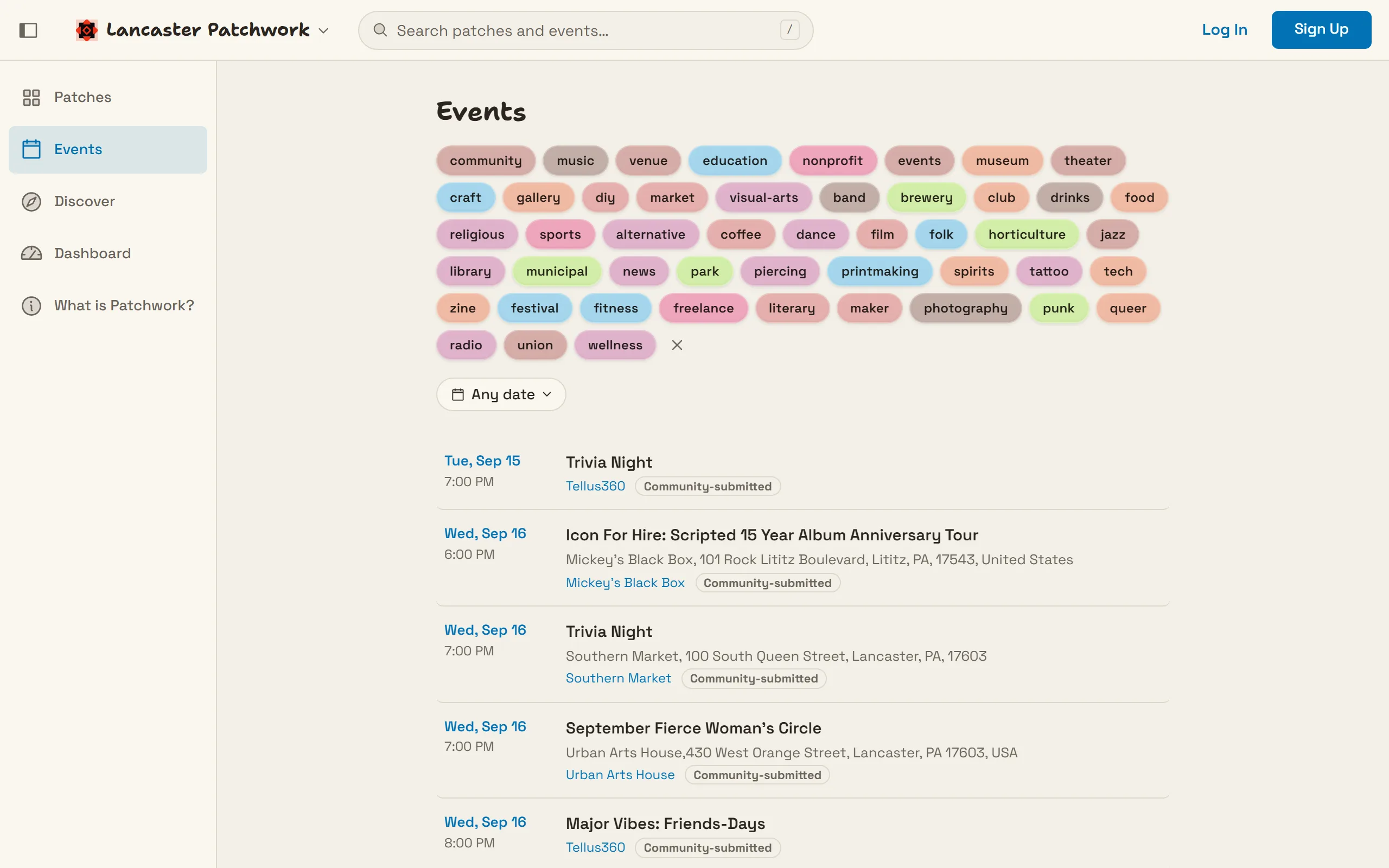 The city-wide events list, showing dated event rows contributed by many different patches.